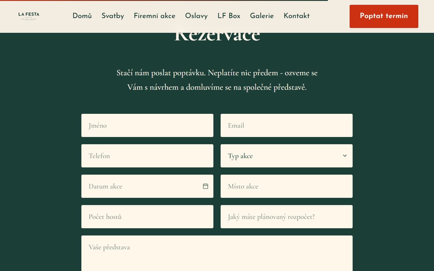 Poptávkový formulář na webu La Festa