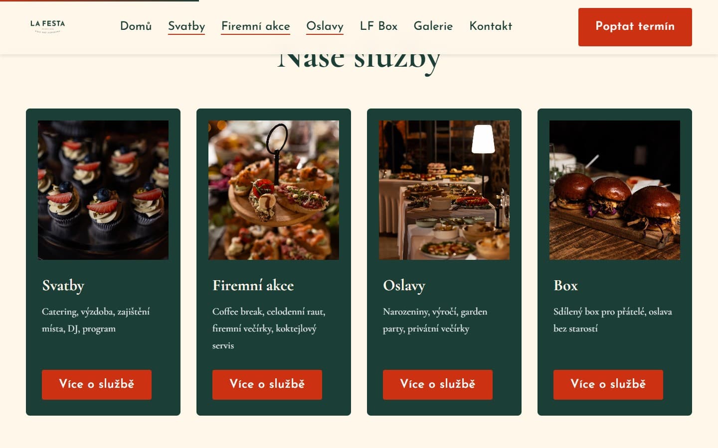 Přehled služeb La Festa — svatby, firemní akce, oslavy a box