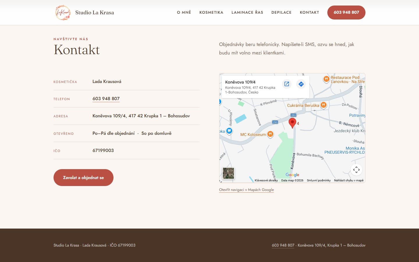 Kontaktní sekce webu Studio La Krasa s adresou, otevírací dobou a mapou