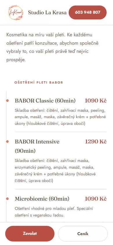 Mobilní verze webu Studio La Krasa se spodní lištou pro volání